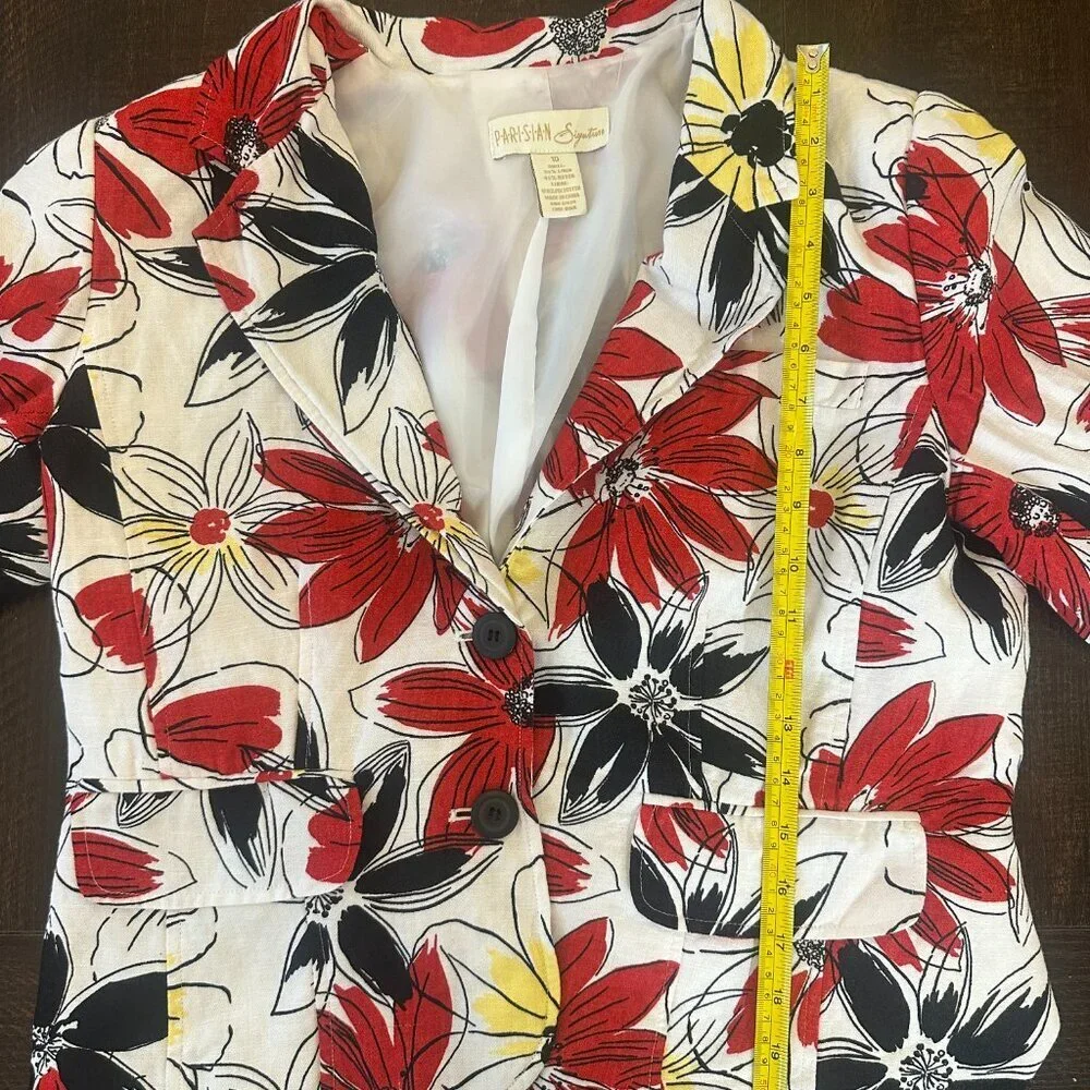 Parisian Signature Red Yellow Black Floral Linen Blend Blazer Women’s Size 10 - Picture 4 of 5